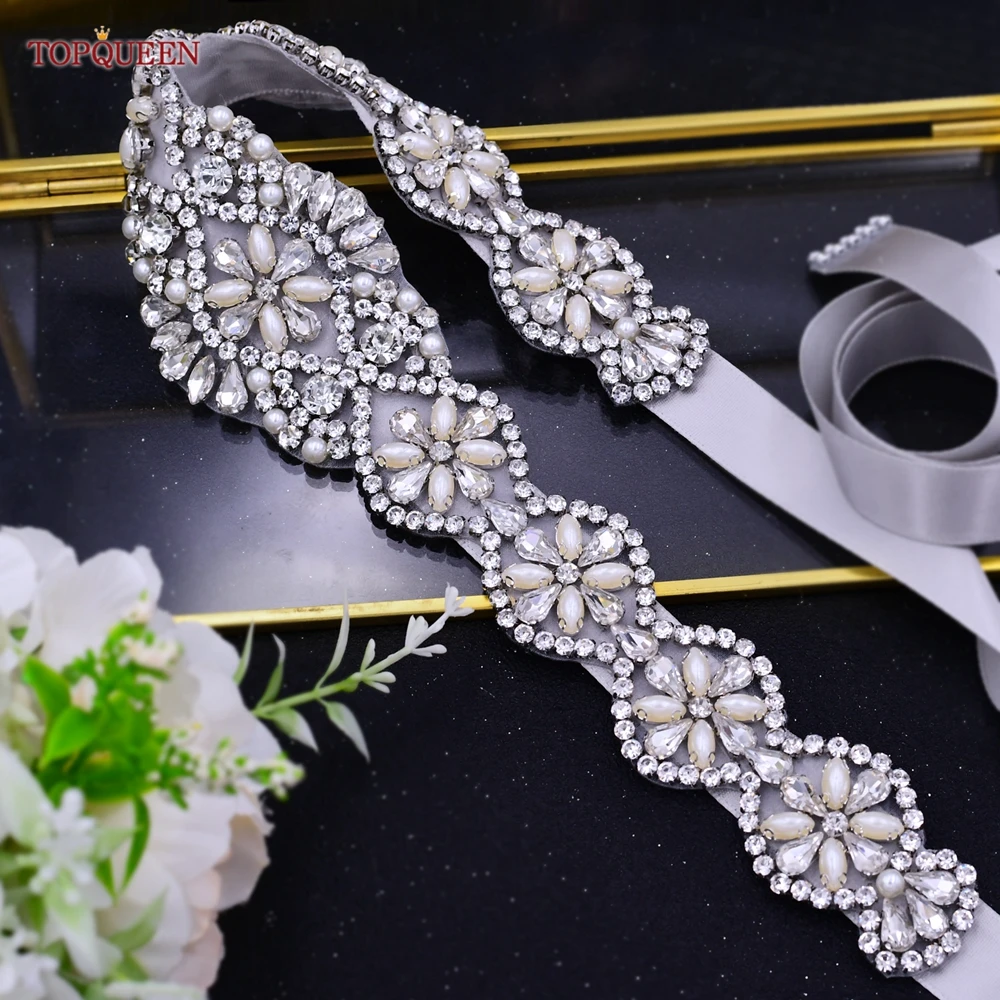 TOPQUEEN Bridal Belts Bling Wedding Women Jewelry Silver Rhinestone Pearl Crystal Sparkly Party Formal Dress Diamond Sash S161