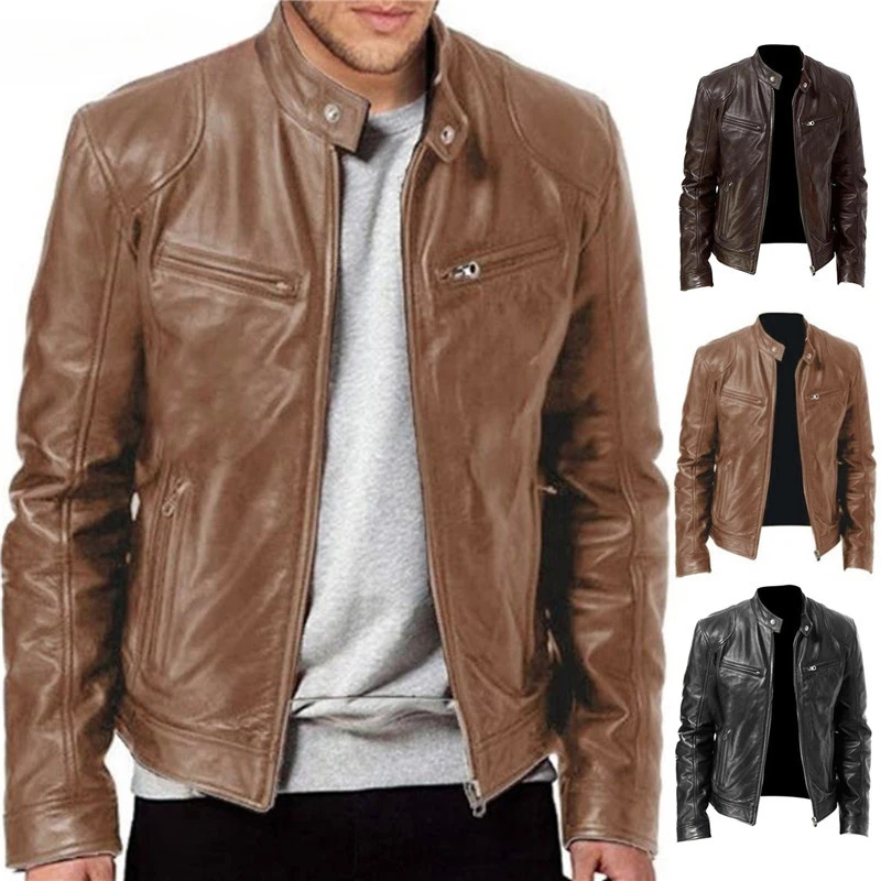 

Мужская модная кожаная куртка, облегающая куртка из искусственной кожи с воротником-стойкой, Мужская мотоциклетная куртка с защитой от ветра и лацканами, мужские куртки с Диагональной молнией
