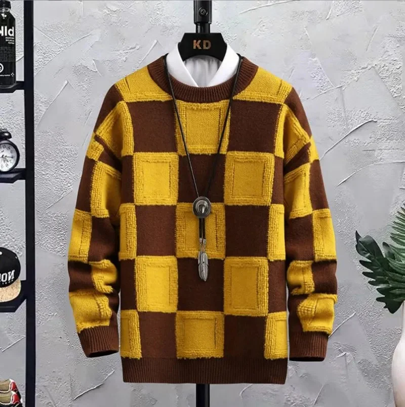 

New Fall Winter Korean Style Mens Pullovers Sweaters High Quality Thick Warm Cashmere Sweater Men Luxury Plaid Pull