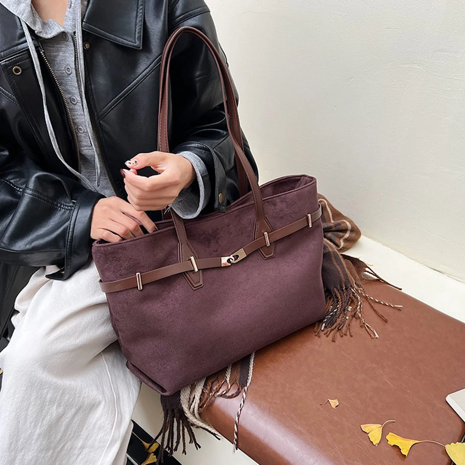 PU Leather Frosted Shoulder Bag Solid Color Simple Tote Handbag Faux Suede All-Match Underarm Bag Work Date Shopping Handbag