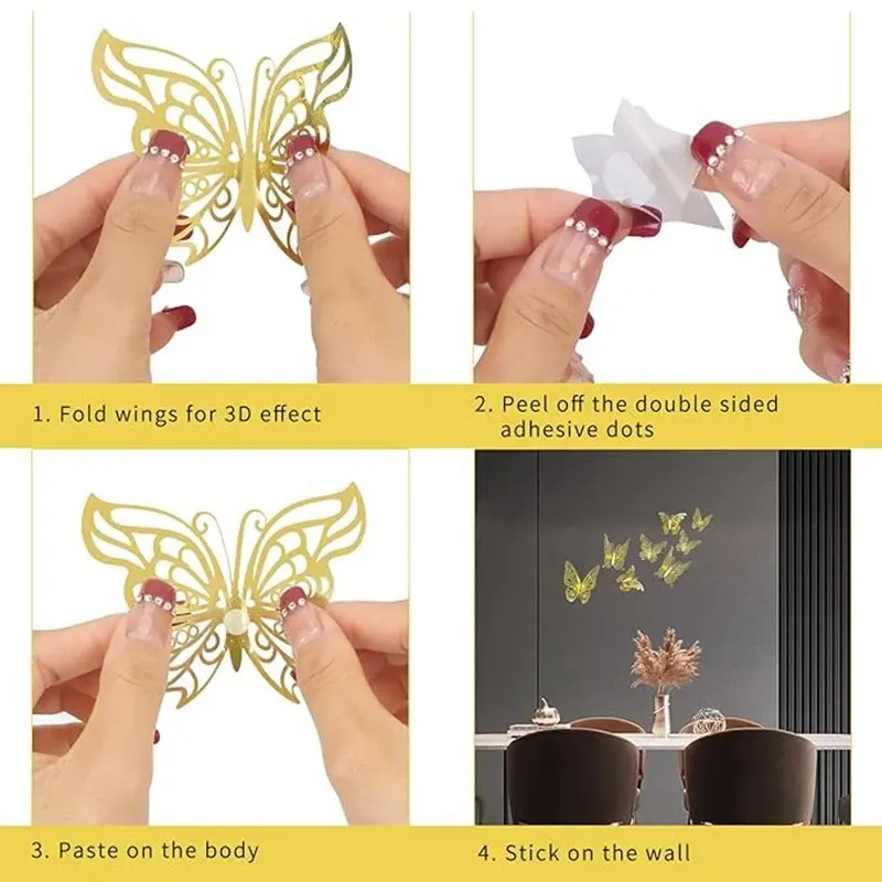 12Pcs 3D Hollow Butterfly Pet Plastic Laminated Paper Skeleton Butterfly Wall Sticker Background Home Decoration Event Wedding