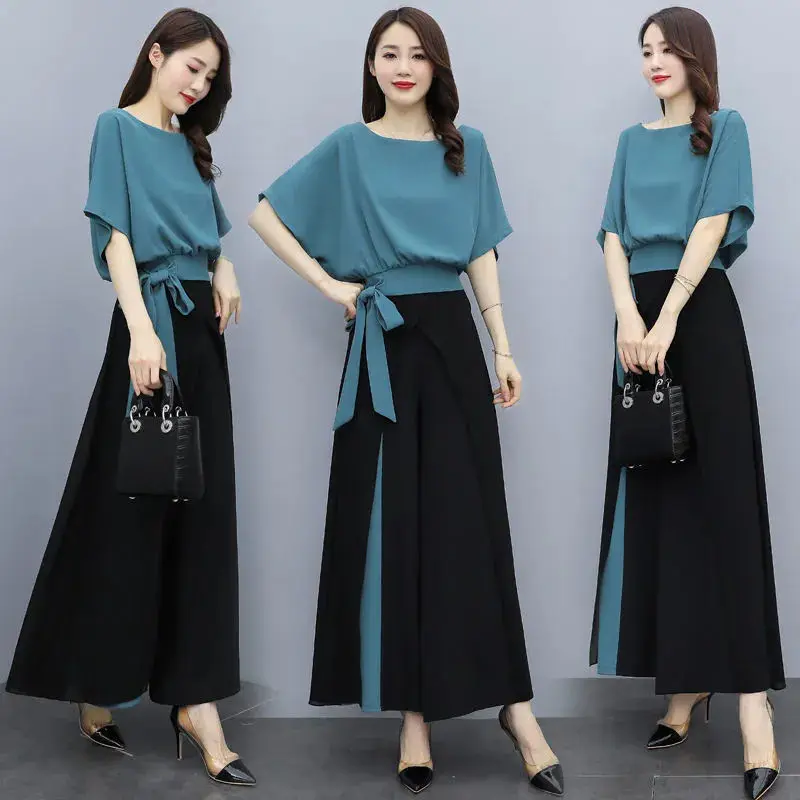 Leisure Wide Leg Pants Set for Women's Summer New Korean Version Fashionable Slim Fit and Age Reducing Two-piece Set
