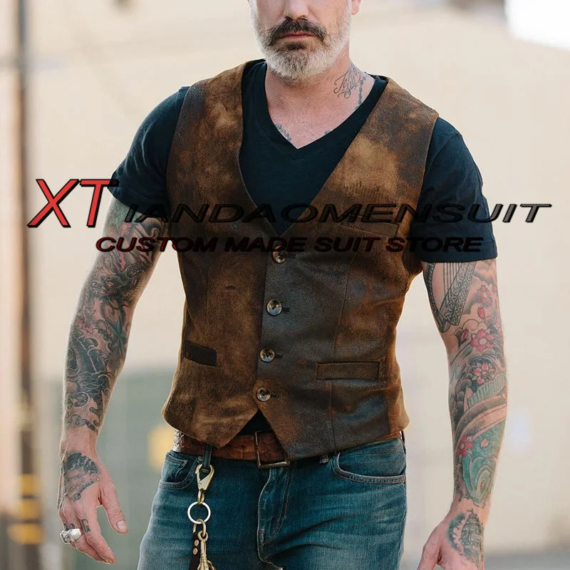 Men\'s Suede Vest Retro Slim Fit Sleeveless Jacket Brown Casual Waistcoat Male Steampunk Vests chaleco hombre
