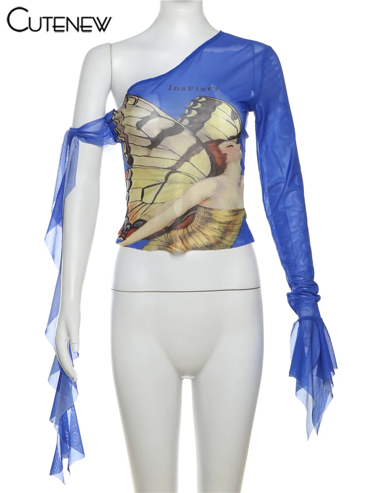 Tops de malla para mujer con estampado de mariposas, cintas en los hombros, camisetas finas y transparentes para fitness, camisetas urbanas de verano para mujer