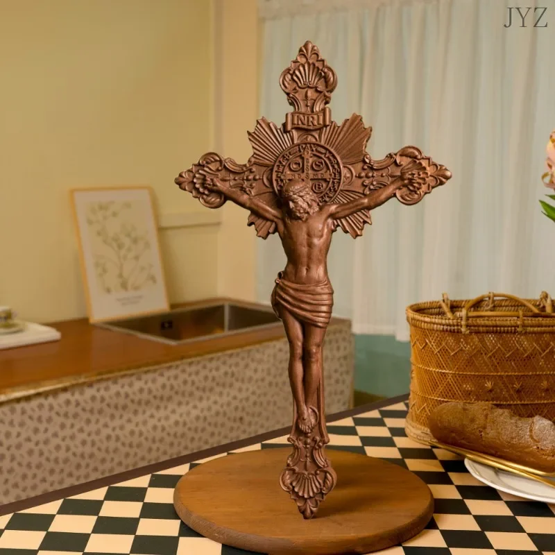 Religious St. Benedict's Exorcism Cross Wood Carving, Catholic Altar Prayer, Wooden Cross Baptismal Decor Craft