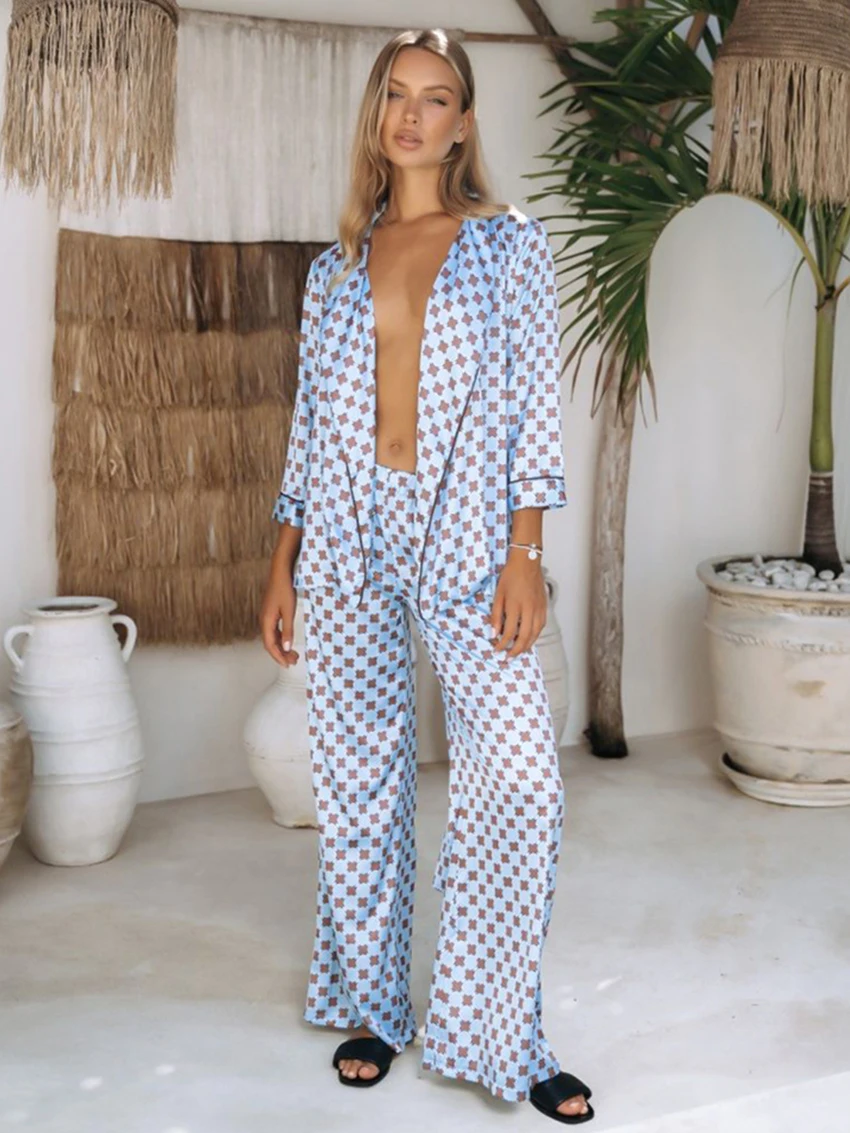 Marthaqiqi Fashion Women'S Nightie Suit Sexy V-Neck Sleepwear Long Sleeve Pajamas Lace Up Nightwear Pants Ladies Nightgowns Set