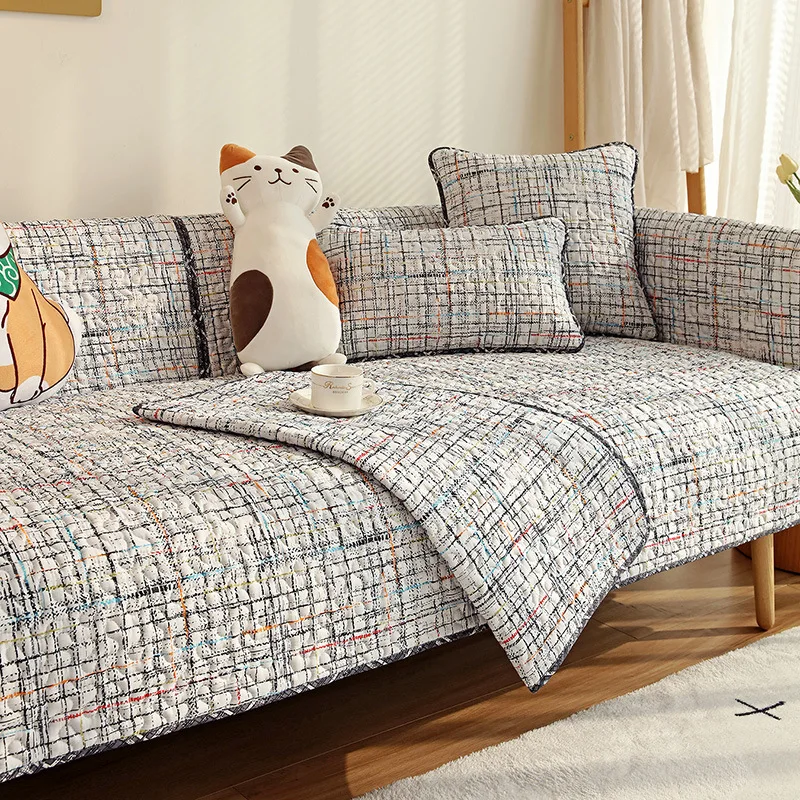 GreySofaCoversLivingRoomPlaidStripeSofaTowelCouchCoverCotton
