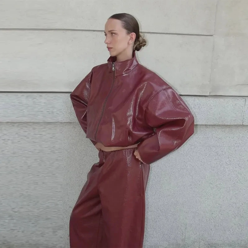 Street Zipper Leather Jackets Skirts Sets Women Loose Stand Collar Full Sleeve Coat Straight Skirt 2025 Autumn Winter Lady Suit S8c648240729c42979843cc21f0981c41P