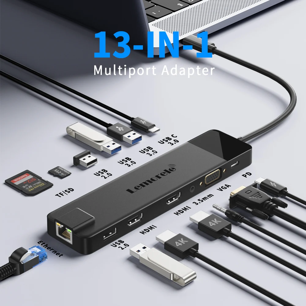 Lemorele USB-C Hub 13-in-1 Gigabit Docking Station VGA USB Type C Hub 4K30Hz HDMI-compatible USB 3.0 Adapter RJ45 PD100W 2
