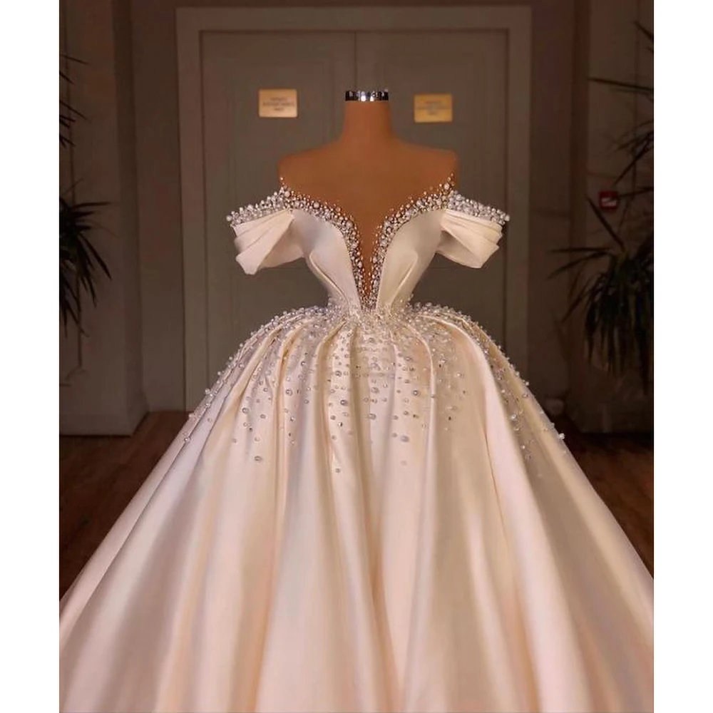 

STEVDITG Luxury Bride Dress White Fashion Off the Shoulder Pearls Satin Ball Gowns Exquisite Court Train Wedding Dress Custom