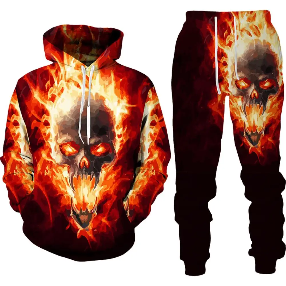Men Flame Print Hoodie Sweatpants Tracksuit Set