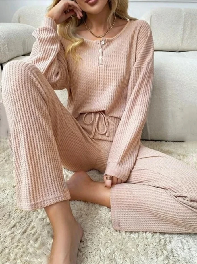 

Women's Casual Pajamas Set 2023 Long Sleeve Comfortable Waffle Knit Crew Neck Top and Lace-Up Commuting Pants Two Piece Set