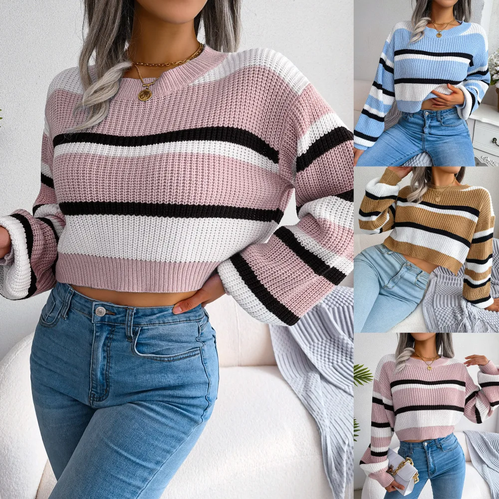 

Autumn And Winter Women'S Casual Stripe Long-Sleeved Open-Navel Knitted Sweater Female & Lady Fashion Versatile Top