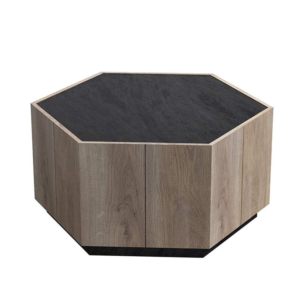 Coffee Table Hexagonal Wood Rural Style Table with 2 Storage Drawers Center Table For Living Room Bedroom Furniture 4
