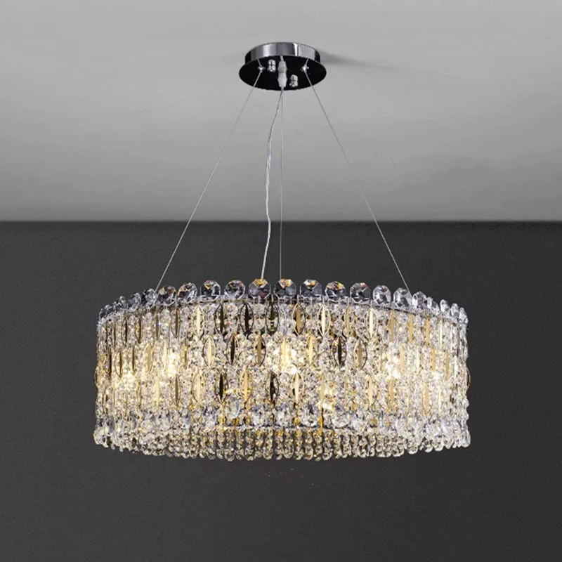 

Living Room Round Chandelier Luxury Chrome Home Decor Crystals Lamp High-end LED Bedroom Kitchen Island Hanging Lighting Fixture