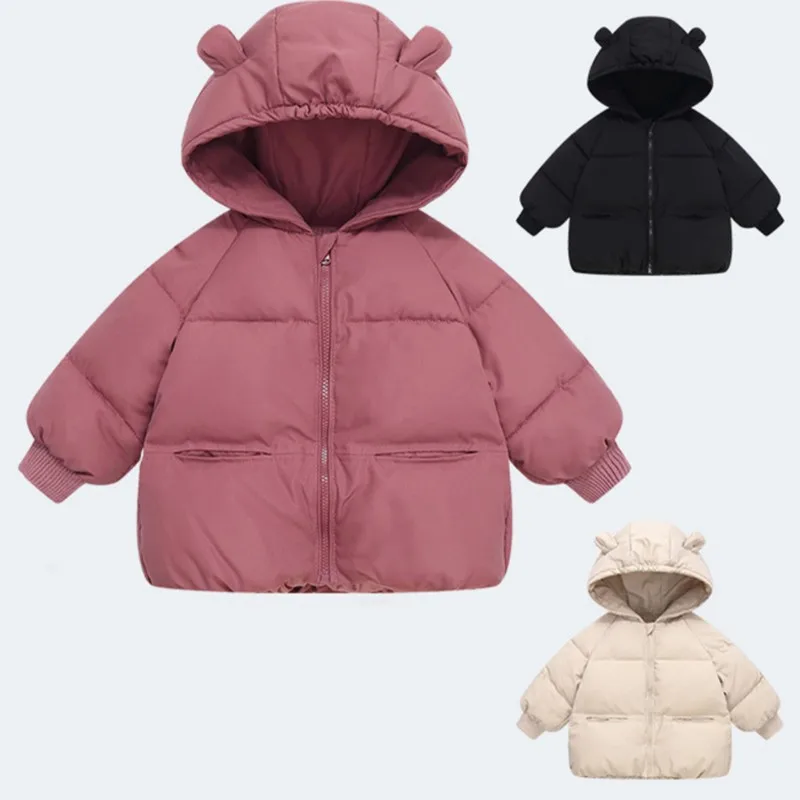 2-6 Years Kids Bear Ear Hooded Puffer Jacket Solid Color Children's Warm Winter Coat