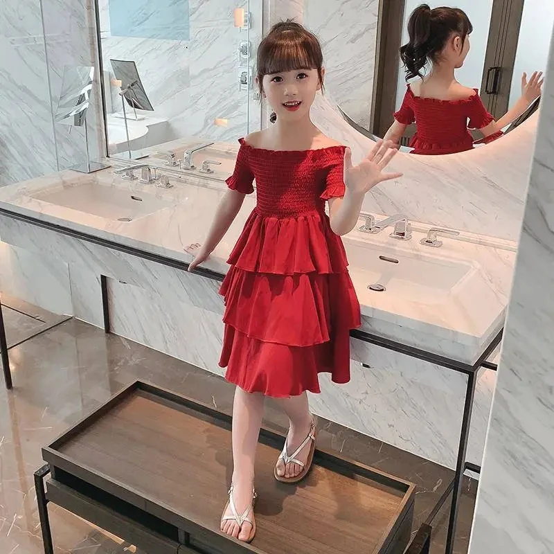 

Girl Summer Dresses Party Outfit Princess 12 Child 8 Strapless Ball Red Dresses Student Fashion 8 Brief 7 Years Old Kids Clothes