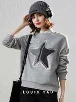 LOUIS YAO 2024 Winter Collection with Thick Velvet Women's Hoodie Three Dimensional Embroidered Pentagram Long Sleeve Top 1