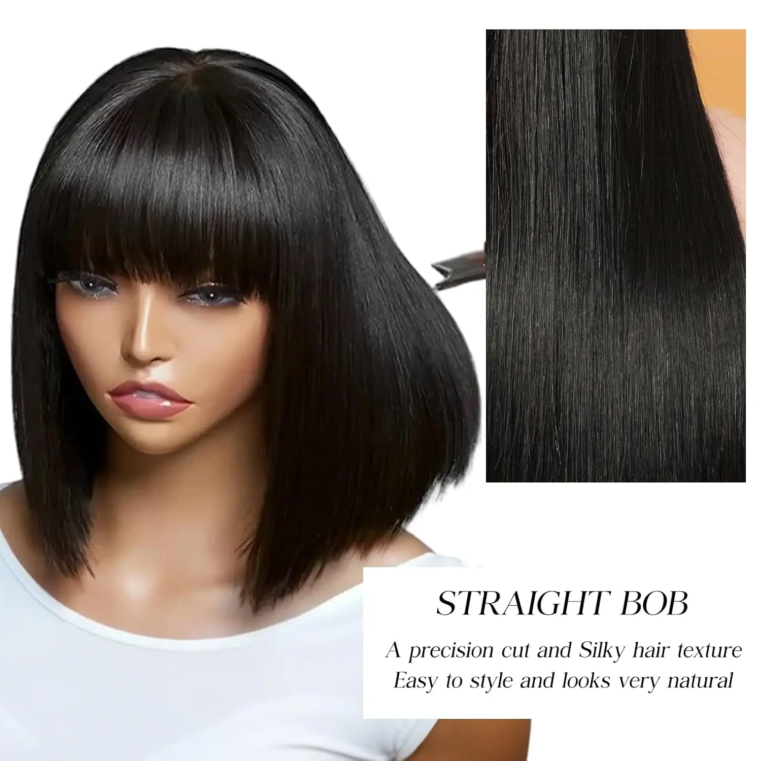 Straight Bob Wig with Bangs Glueless Wigs Human Hair HD Lace Short Natural Black Bob Blunt Cut 180% Density 16 Inches For Women 3