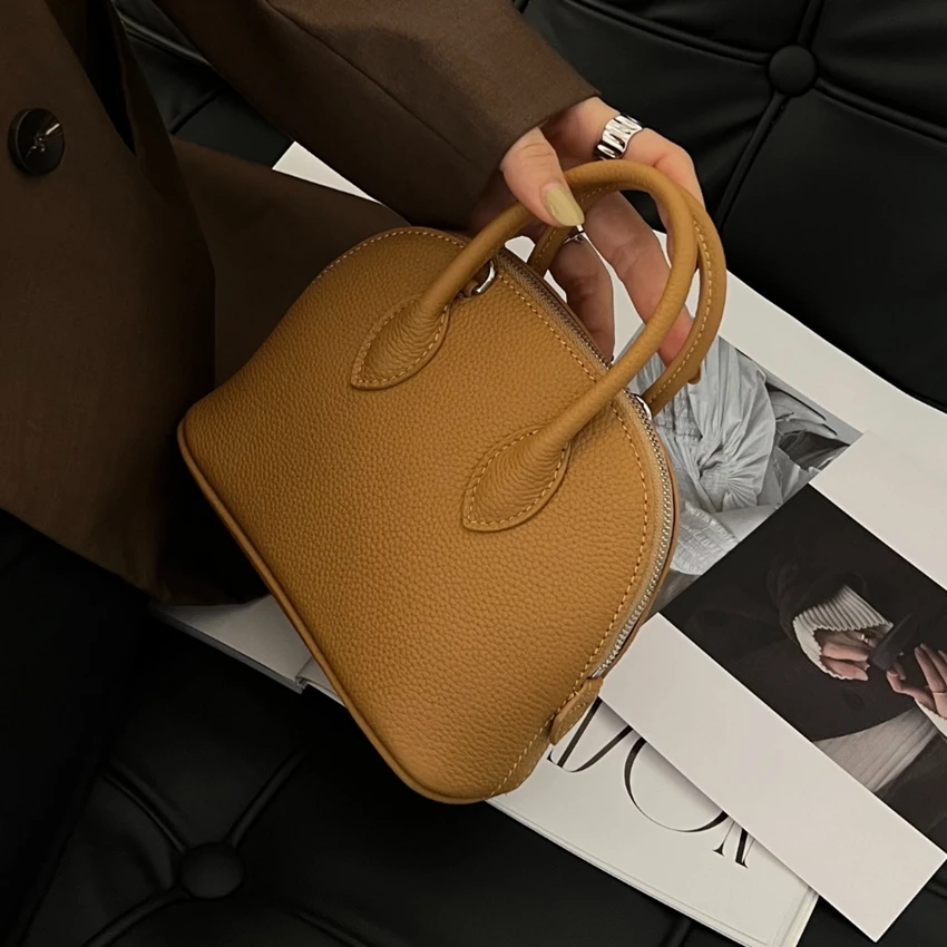 Pink Fashion Cute Simple Shell Bag Genuine Leather BagHandbag For Women Real Cowhide Leather Bowling Bag Shoulder Crossbody Bag - Image 5