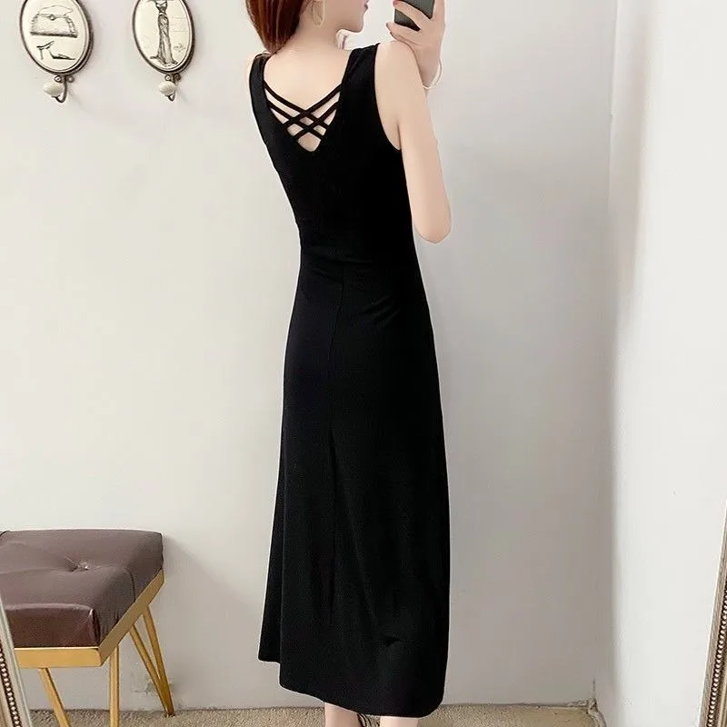 بلوفر نسائي أسود برقبة مستديرة ، ملابس مجوفة ، أحادي اللون ، عطلة غير رسمية ، قطن ، فساتين طويلة سادة للمكتب ، صيف