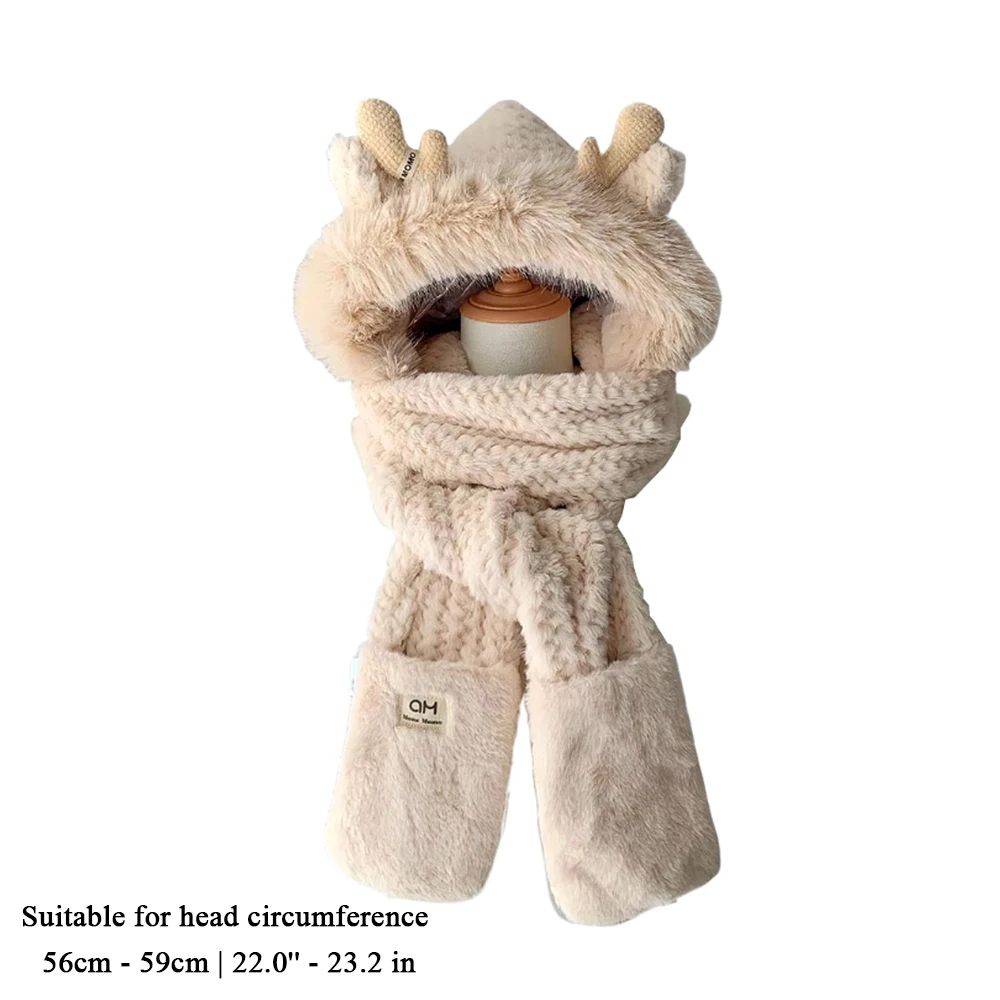 1Pc Cute Bear Ear Hat Scarf Gloves 3-in-1 Winter Warm Hedging Cap Women Windproof Plush Hat Scarf 6