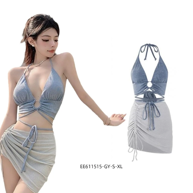 

3PCS Women Two Pieces Swimsuit Halterneck Swimming Costume with Swimsuit Wrap
