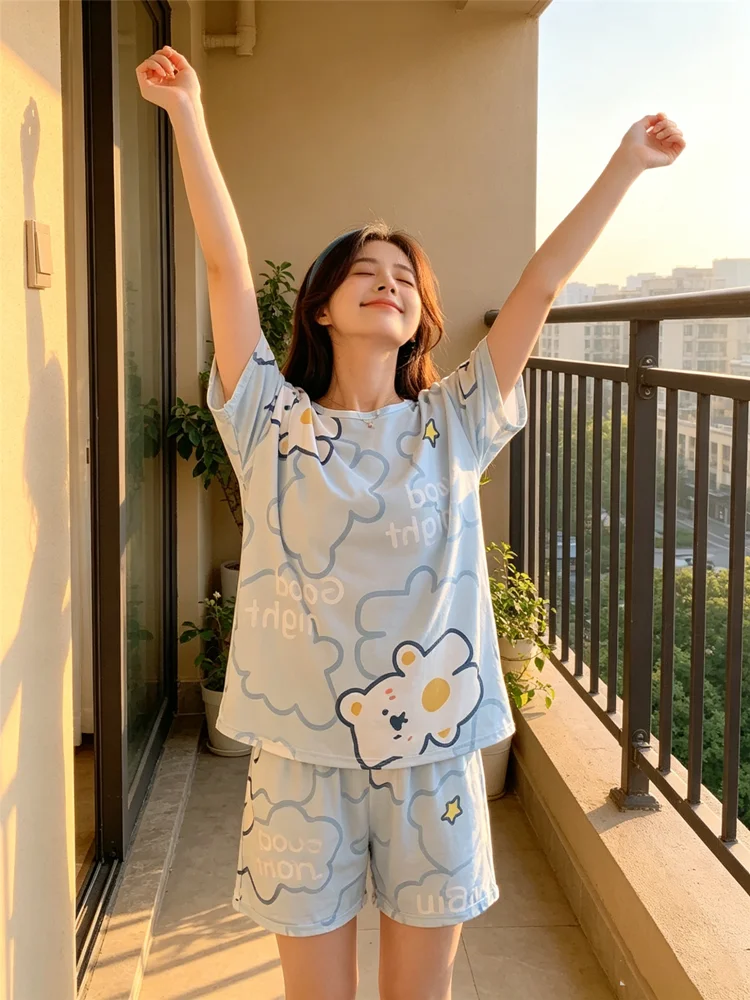 Summer Nightwear Kawaii Girls Young Womens Cartoon Shorts Pajama Sets Pyjamas Femme Sleepwear Loungewear Pijama Mujer Homewear - 4