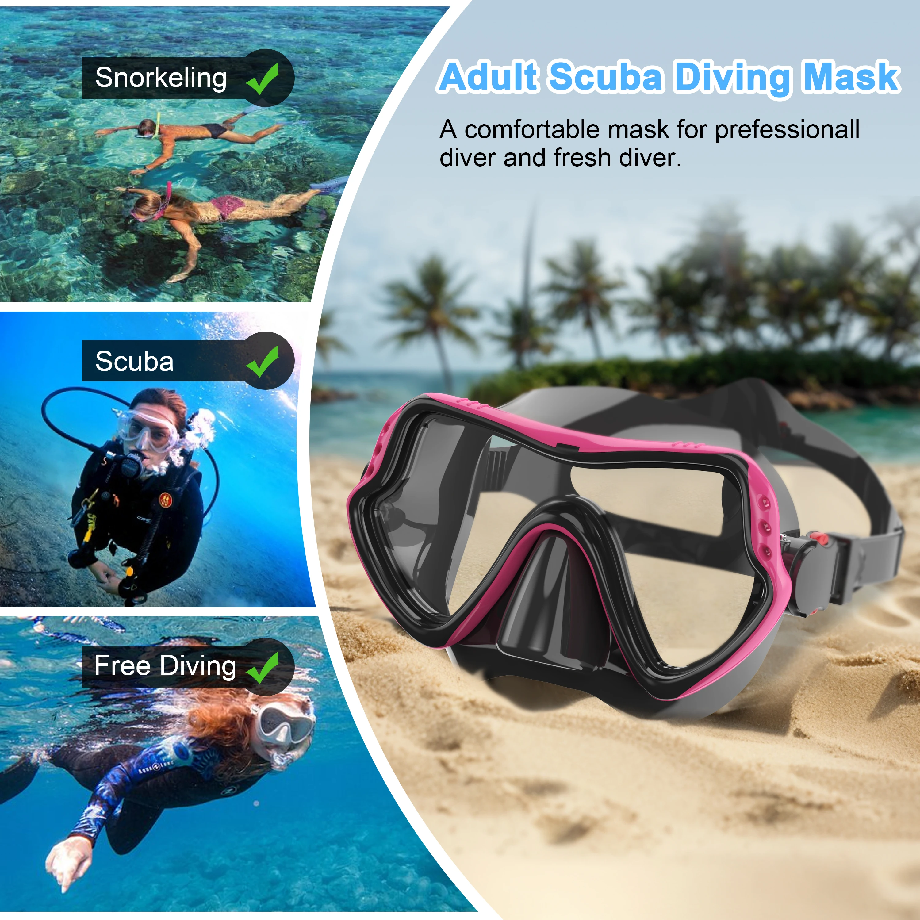 Snorkel Mask Swimming Goggles Anti-Fog HD Glass Large Frame Diving Mask with Nose Cover for Adults Youth