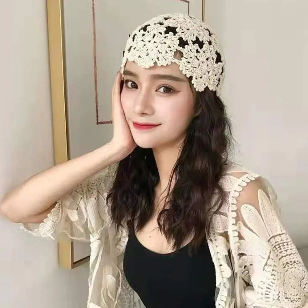 Breathable Hollowed Out Knitted Hat Lace Flowers Beret Cap Casual Summer Skullies Hat for Women
