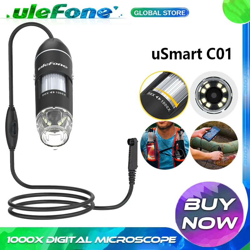 Ulefone 1000X Microscope numérique caméra 8 lumières LED réglables/pour ARMOR 13/Power Armor 18/Power Armor 18T/Power Armor 19