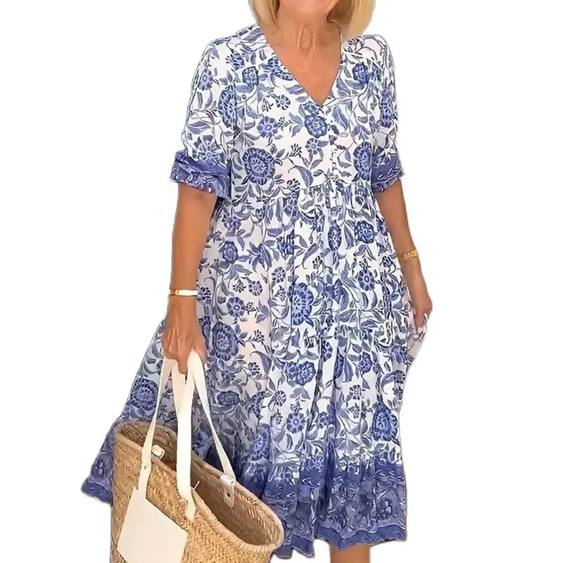 

Summer New Fashion V-neck Short Sleeve Midi Dress Women Fashion Floral Printing Elegant Dresses Female Casual Loose Vestidos