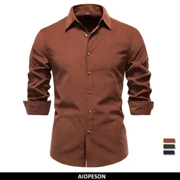 AIOPESON 2025 Corduroy Shirt Men 100% Cotton Solid Color Autumn Winter Thicken Business Casual Long Sleeve Classic Mens Shirts