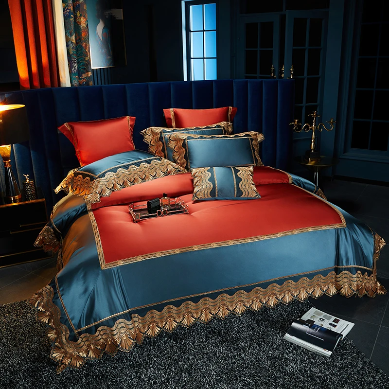 Luxurious Lace Embroidery Design Egyptian Cotton Silk Bedding Set Duvet Cover Bed Linen Fitted Sheet Pillowcases Home Textile - Image 2