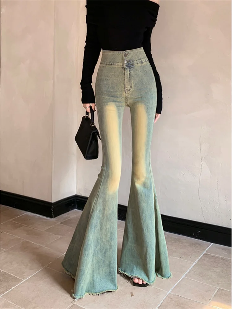

Винтажные расклешенные джинсы с необработанными краями, корейские женские узкие джинсовые брюки с высокой талией, однотонная уличная одежда в стиле хип-хоп Y2K, универсальные широкие брюки