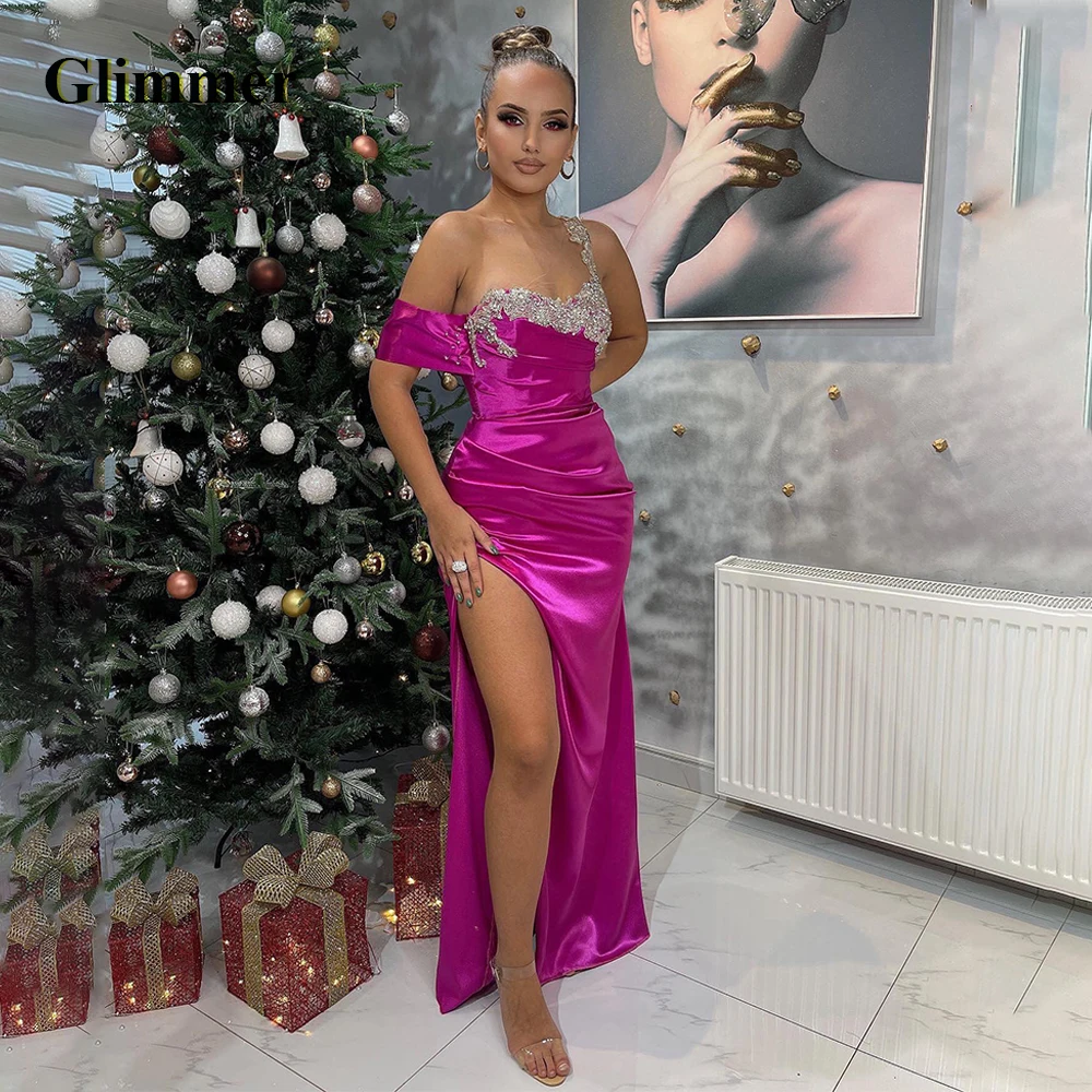 

Glimmer Charming Trumpet Celebrity Dresses One-Shoulder Rhinestones Side Slit Satin Pleat Vestido De Formatura Made To Order