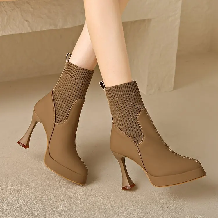 Elegante Damen Stiefeletten Mit Absatz Und Elastischer Schuhspitze_voghion.com