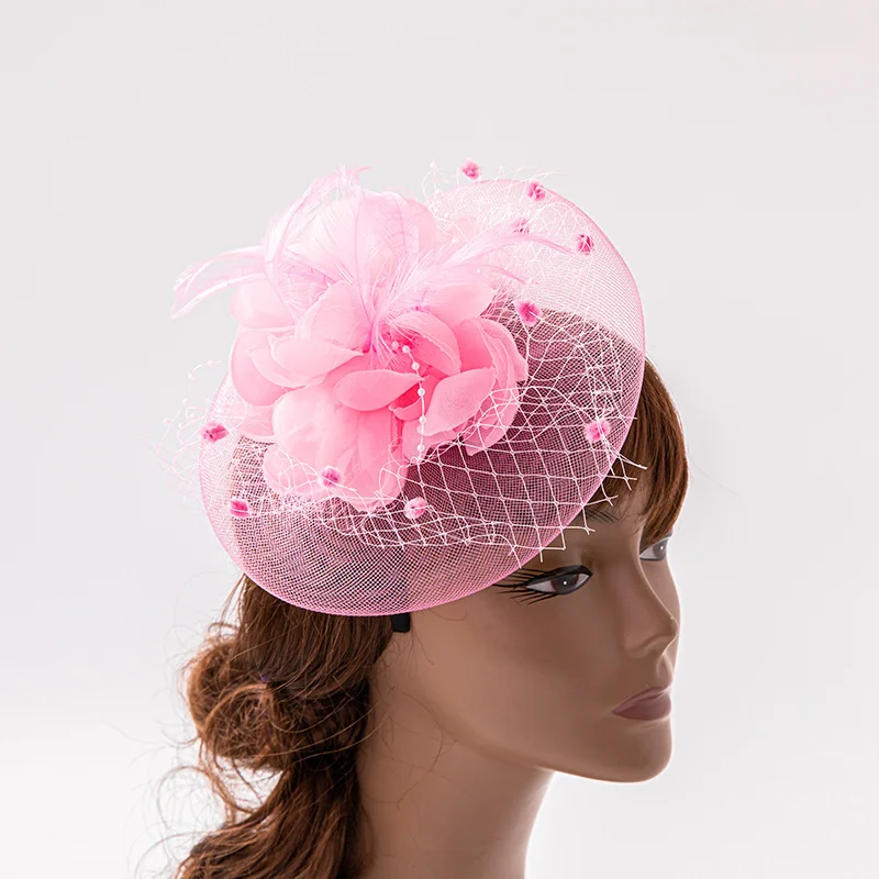 

New Pink Wedding Party Cape Flower Hat Women Elegant Fascinator Hats Hair Clip Church Ladies Formal Headpiece Fashion Headwear