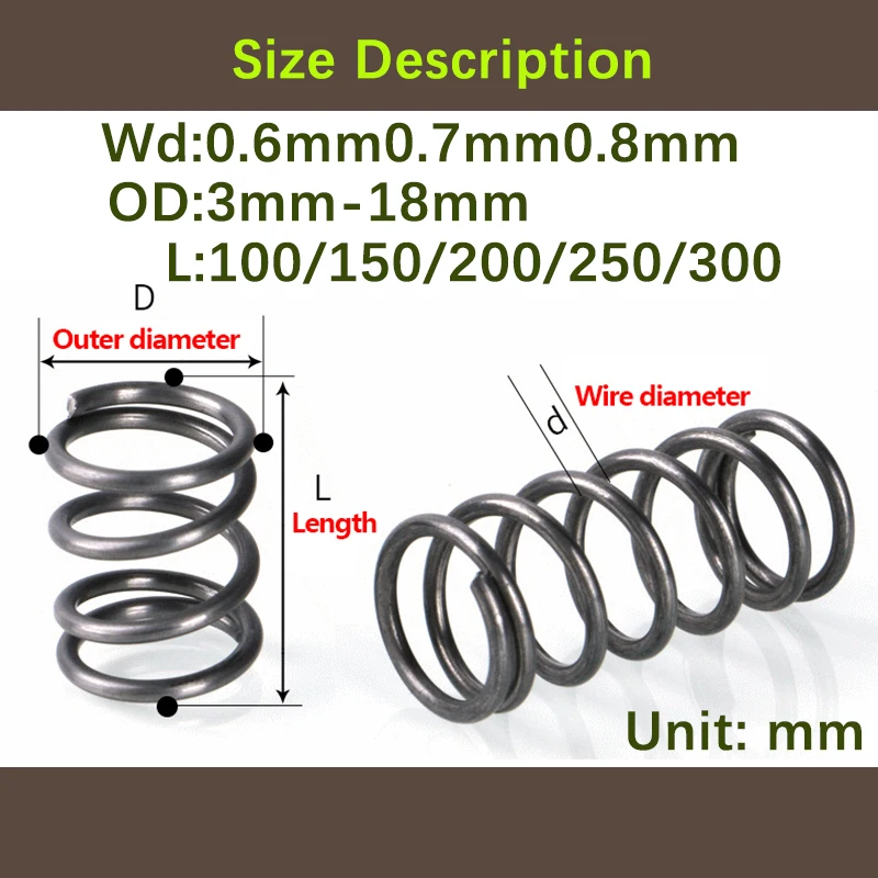 Spring Steel Pressure Spring Return Spring, diâmetro externo 0.3mm-18mm longo, 100mm-300mm, 2pcs