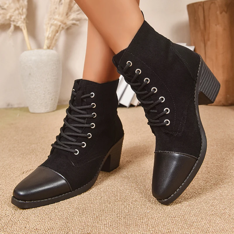 Colorblock Lace Up Chunky Heel Ankle Boots Women Pointed Toe Patchwork Short Boots Woman Plus Size Fashion High Heel Botas Mujer