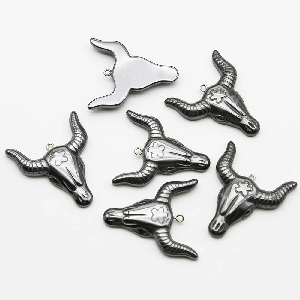 Natural  Black Gall Stone Hematite Ox Head Necklace Pendants Mineral Healing Charms DIY Jewelry Gift Accessories Wholesale 12Pcs
