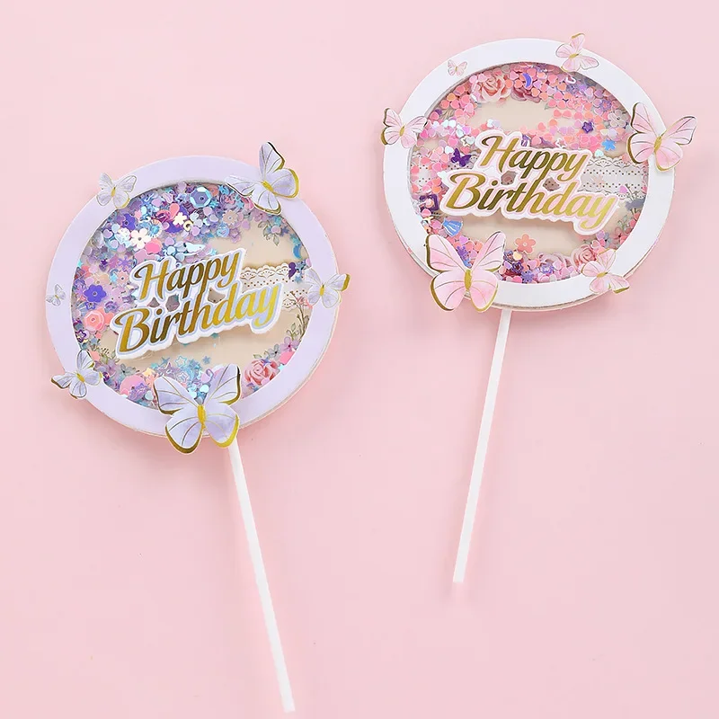 Happy Birthday Sequins Round Butterfly Cake Topper Cake Decoration Simulation Butterflies Wedding Cake Decorating Supplies