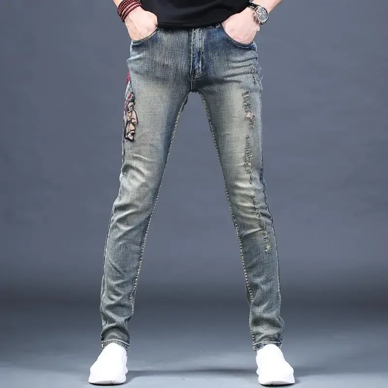 

Men's Jeans Embroidery Trousers Tight Pipe Graphic Man Cowboy Pants Slim Fit Skinny Retro Xs High Quality Trend 2024 Luxury Soft