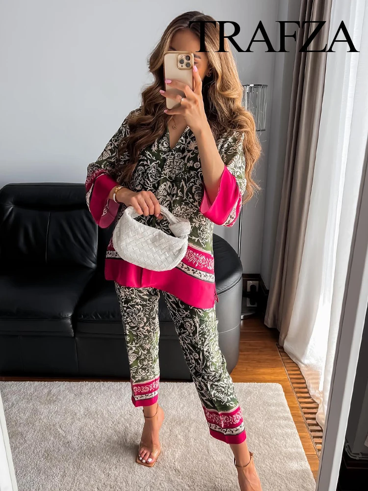 

Женский костюм с принтом TRAFZA, однобортная блузка с отложным воротником и рукавами девять четвертей и брюки на молнии с эластичным поясом
