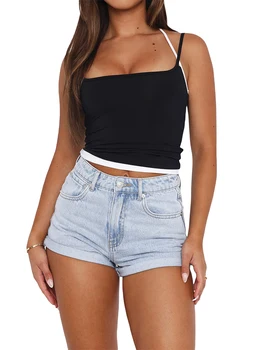 Women's Summer Mini Sling Vests Gray Sleeveless Hanging Neck Contrast Color Tops 5