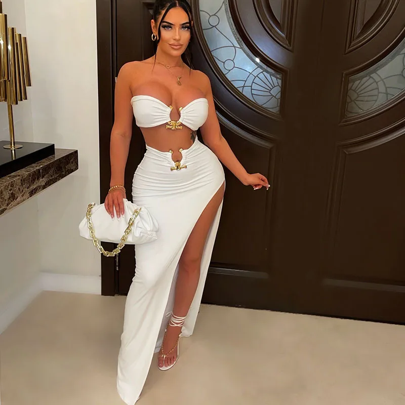 Women's Strapless Crop Top and Long Skirt Set, Sexy High Split Dress, Elegant Clothing, Party Club, Birthday Outfits, 2 Pieces