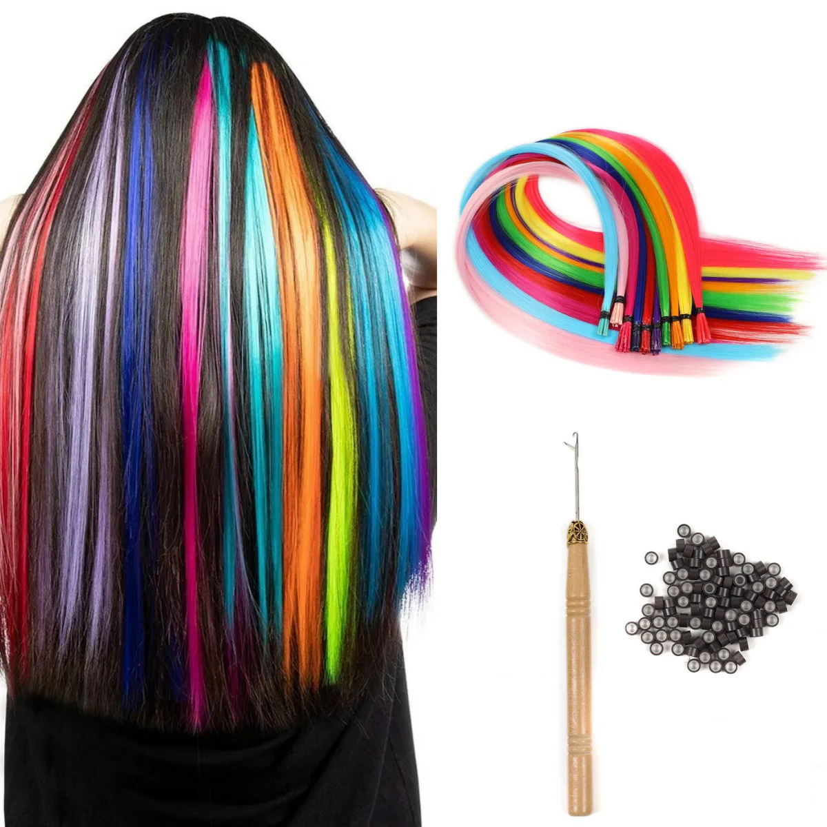Extensiones de cabello sintético I-Tip Fusion de 20 pulgadas, Kit de colores para fiesta, postizos rectos de 100 hebras resistentes al calor con plumas destacadas