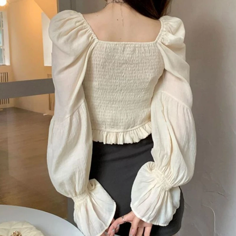 Flare Sleeve Blouses Women Sexy Crop Tops Temper Summer Holiday Lady Solid Aesthetic Basics Square Collar Clothing Vintage Daily