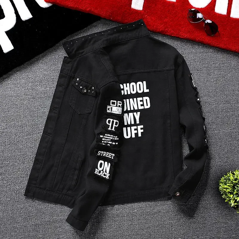 Chaqueta vaquera negra con botones para otoño para hombre, chaqueta vaquera blanca con estampado de letras, abrigo para hombre, lavado rojo G, estética de bajo coste al precio más bajo