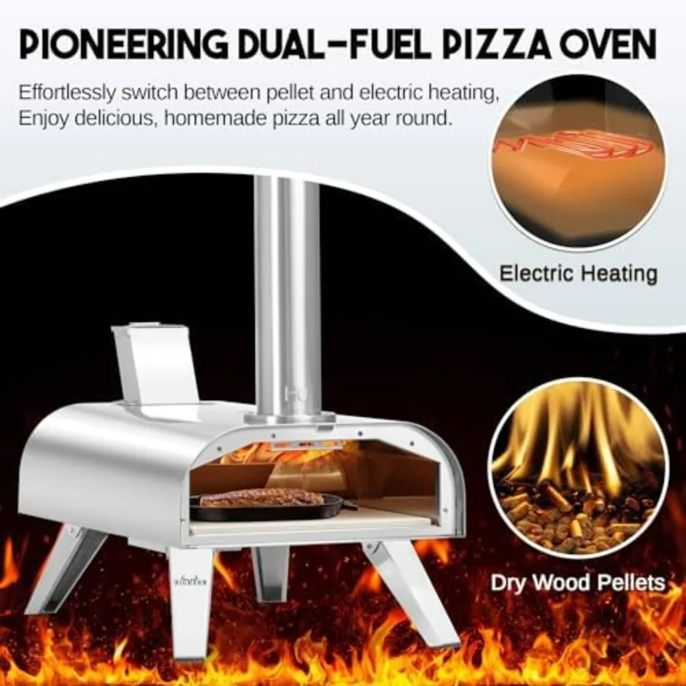 Dual Fuel Pizza Oven - Electric and Wood Pellet, High-Temperature Indoor and Outdoor Pizza Maker with Pizza Stone, 1000°F